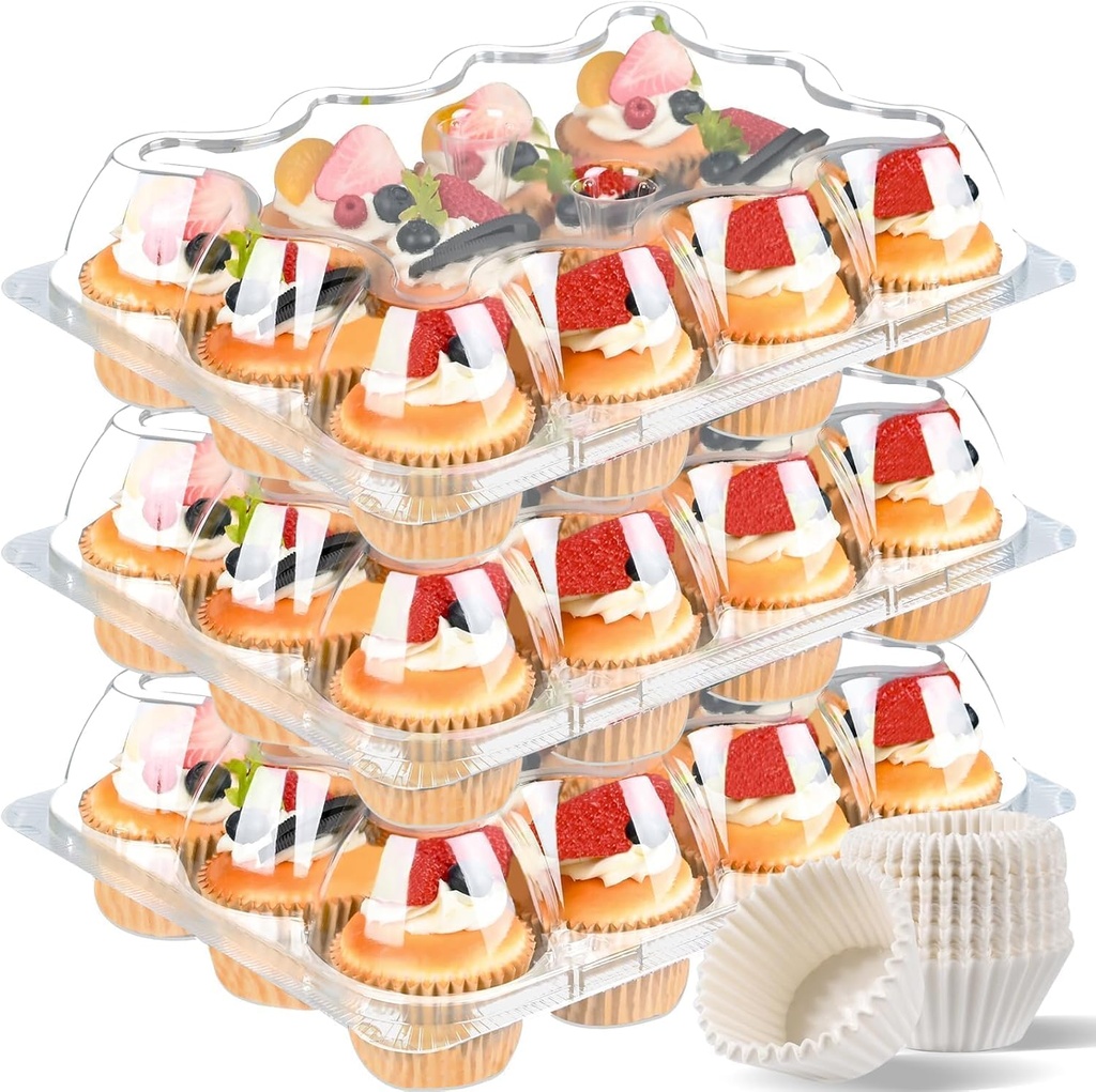 Plastic Cupcake Containers 12 Count (12 Sets), Stackable Cupcake Boxes Holders with Tall Dome Lid, Disposable Cupcake Carrier Trays Include 150 Cupcake Liners