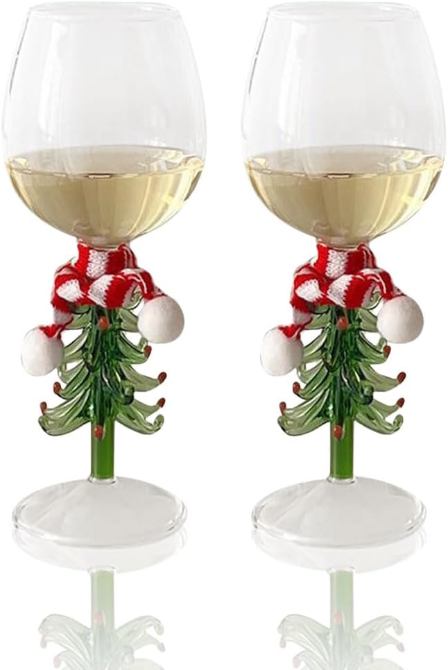LYFJMUS Pack of 2 Christmas Wine Glasses With Mini Scarf - Holiday Stemmed Goblets Cup Gifts Decor for Home Bar Diner Birthday Wedding