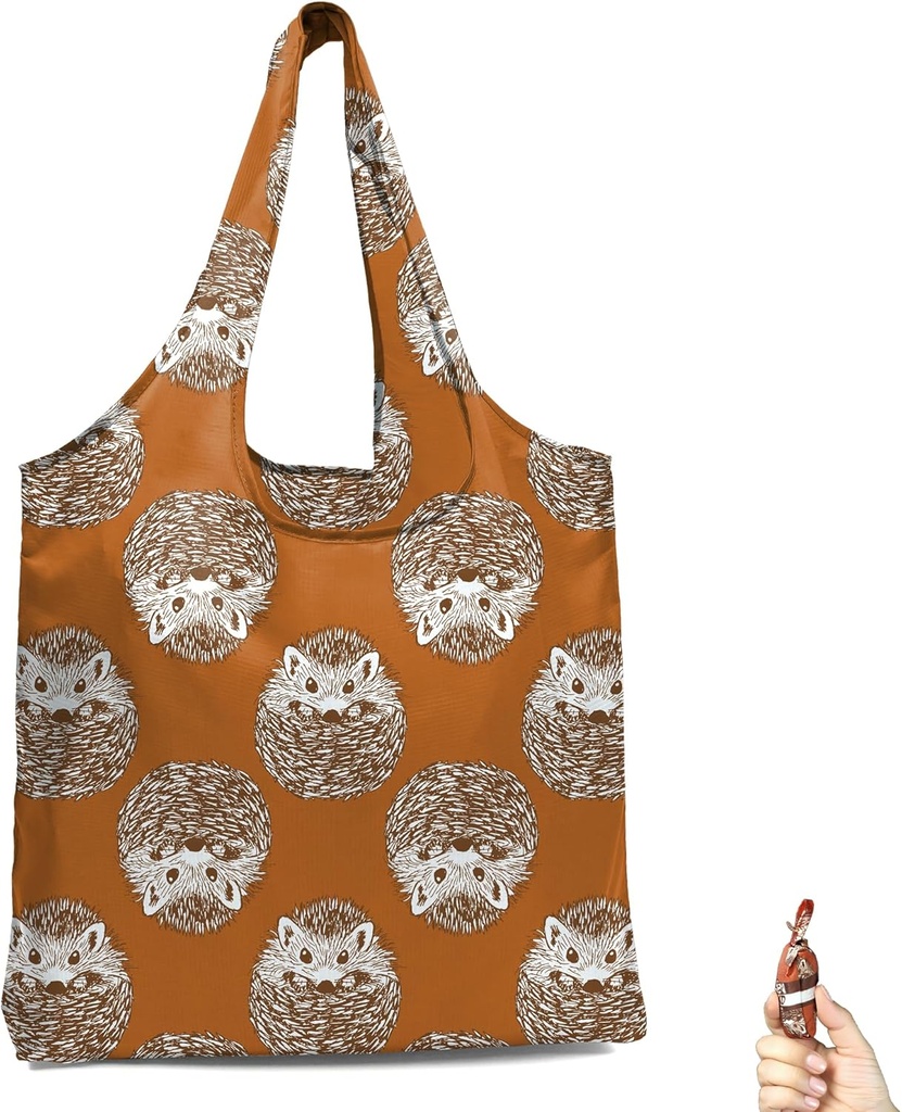 BeeGreen Hedgehog Ultimate Travel Tote Bag - Orange Reusable Grocery Shopping Bag - Foldable Compact Portable Sturdy Bags