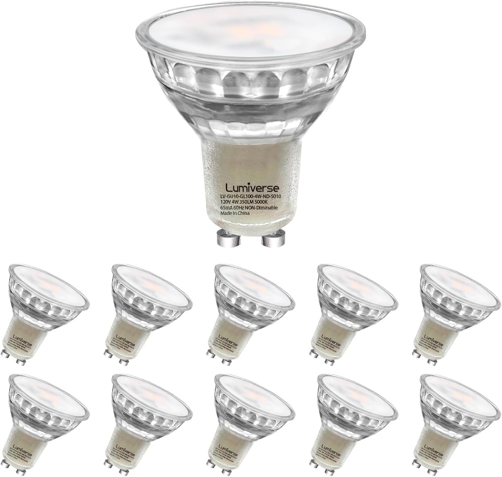 Lumiverse Non-Dimmable GU10 LED Light Bulbs, 4W Bright 5000K Daylight White 35W Halogen Equivalent, 350lm Energy Saver for Track Lighting Fixture, Kitchen, Basement, 25000 Hours Lifespan, 10 Pack