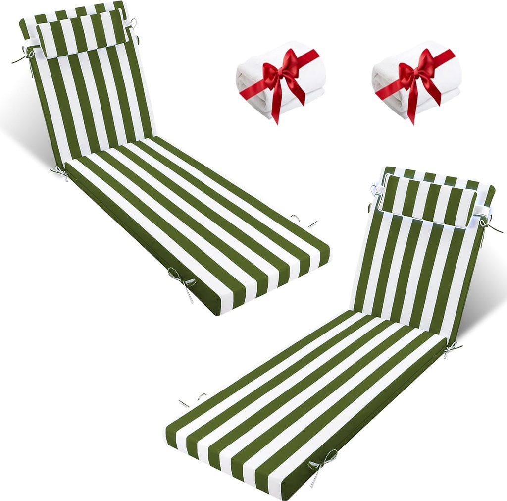 Outdoor Chaise Lounge Cushion, High-Density Foam Waterproof Patio Furniture Chair Seat Cushion with Ties, Fade Resistant, Patio Recliner Chairs Cushions for Lawn Pool (2, Grass Green & White Stripes)