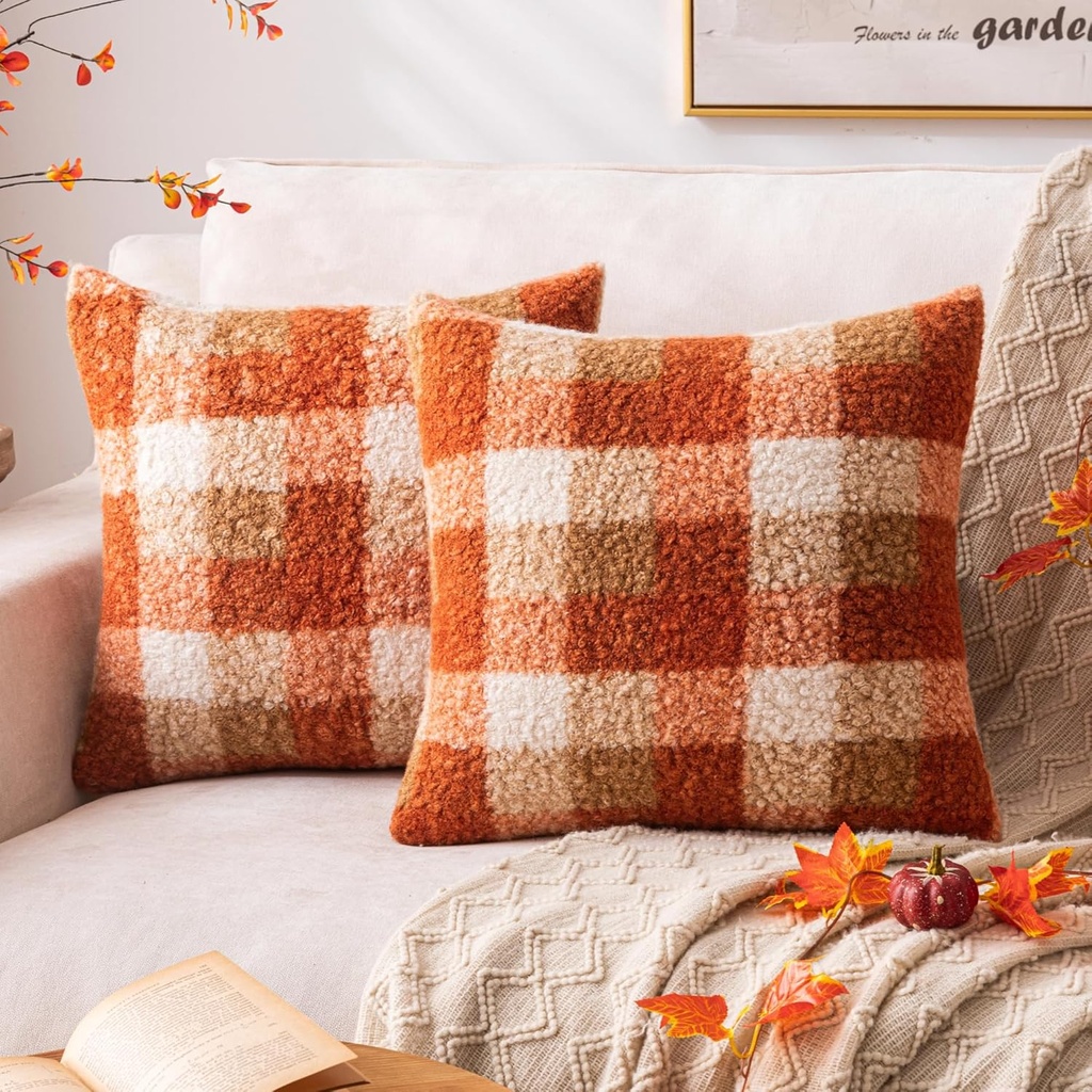Orange Plaid Fall Throw Pillow Covers 18x18 Inch Set of 2, Boucle Decorative Pillow Covers,Cozy Fluffy Home Living Room Farmhouse Decor for Sofa Couch Bed