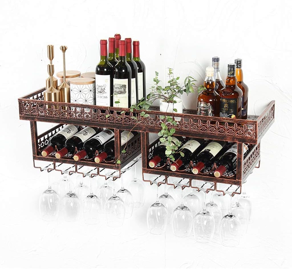 KOHARA Industrial Wall Mounted Wine Racks, Metal Hanging Wine Bottle Holder, 2 Tier Metal Hanging Goblet Stemware Rack, Wall Wine Holder for Bar Wine Cellar Kitchen (Size : 120×30cm)