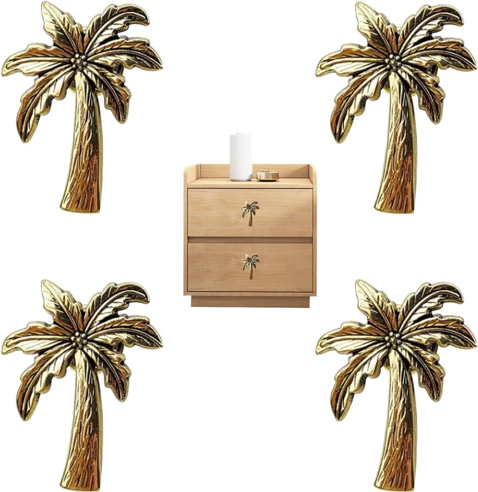 Palm Tree Cabinet Knobs Drawer Pulls Handles for Dresser Cupboard Single Hole Coconut Tree Pulls Furniture Doors Home Kitchen Decorative 4 Pieces (Gold)