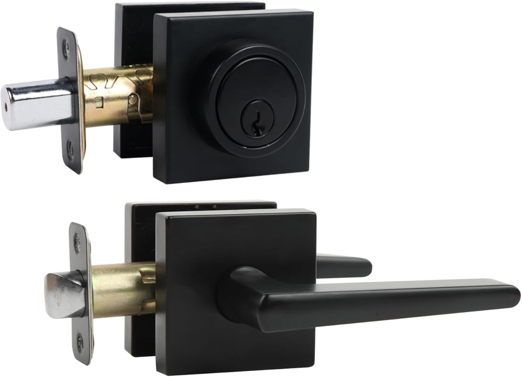 Deadbolt Lock And Door Knob Set, Exterior Door Lock Set With Deadbolt, Square Door Knobs Exterior And Deadbolt Set, Heavy Duty Entry Door Lever With Single Cylinder Deadbolt, (Matte Black 1Pack)