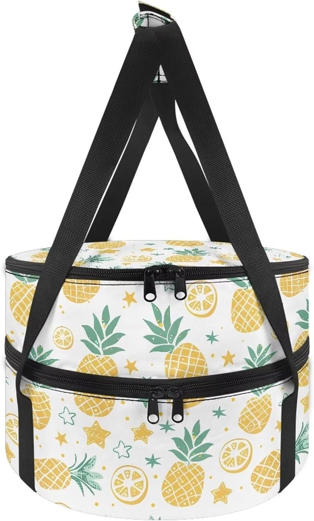 Insulated Casserole Round Carrier Double Decker Pie Carrier Heat Retention Food Dish Cake Carrying Case for Potluck Accessories Picnic Supplies, Yellow Pineapple Lemon Star White