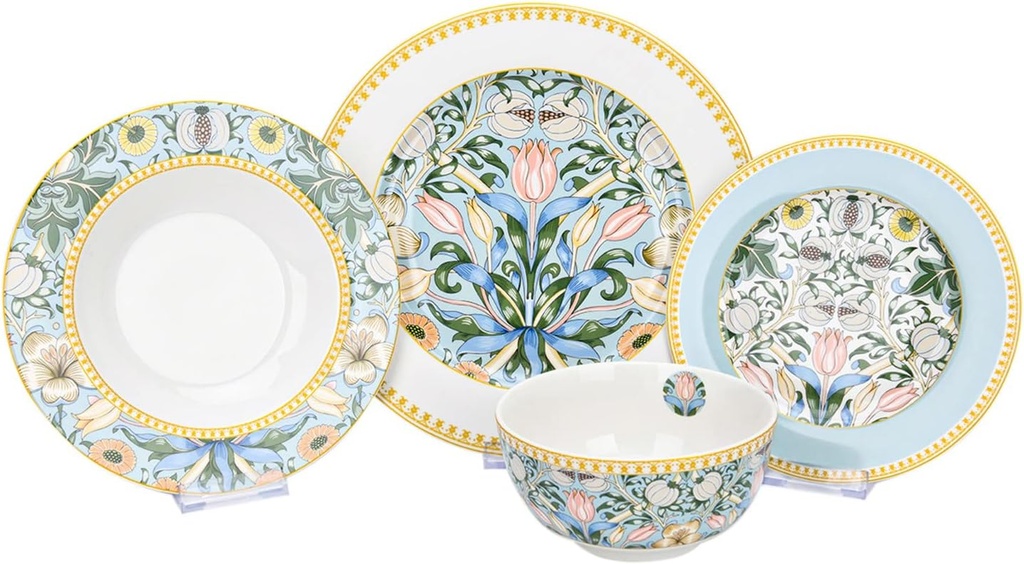 24-Piece Bone China Dinnerware Set in Gift Box, Service for 6, Porcelain Dinnerware, Tropical Dishes Set - Dinner Plates Dessert Plates Cereal Bowls Mugs (Morris' Garden)