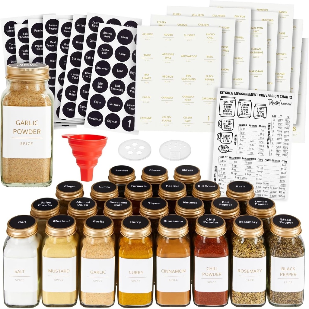 Talented Kitchen Spice Jars - 24-Pack 6 oz Glass Jars with Gold Shaker Lids - 328 Preprinted Labels & Silicone Funnel - Seasoning Organizer for Kitchen Storage