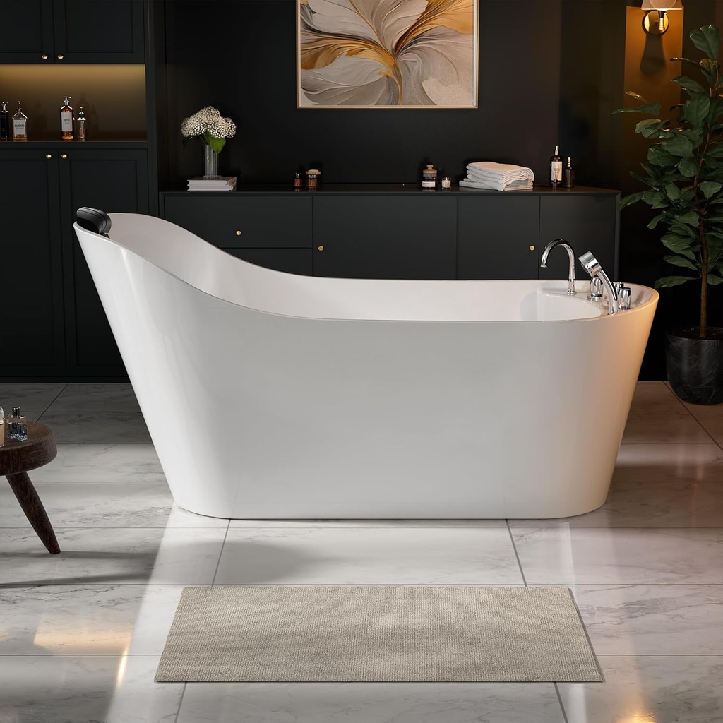 Empava 67 in. Acrylic Freestanding Bath Tub Hydromassage Gracefully Oval Shaped 7 Water Jets Soaking SPA, Single-Ended Massage Bathtubs with Pillow, ETL Certified