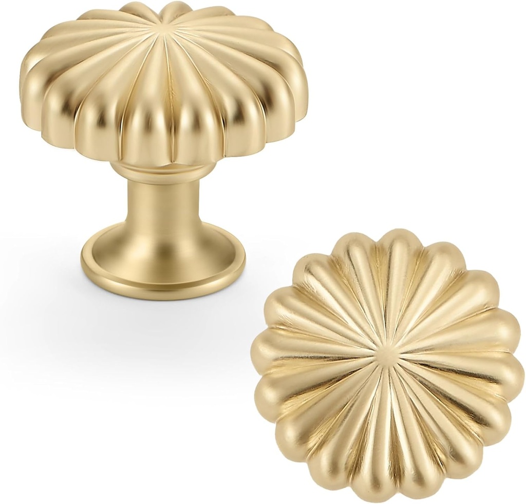 2 Pack Gold Cabinet Knobs for Kitchen Cabinets and Dresser Drawers，Zinc Alloy Brushed Brass Hardware Handles Pulls，Vintage Cupboard Drawer Knob