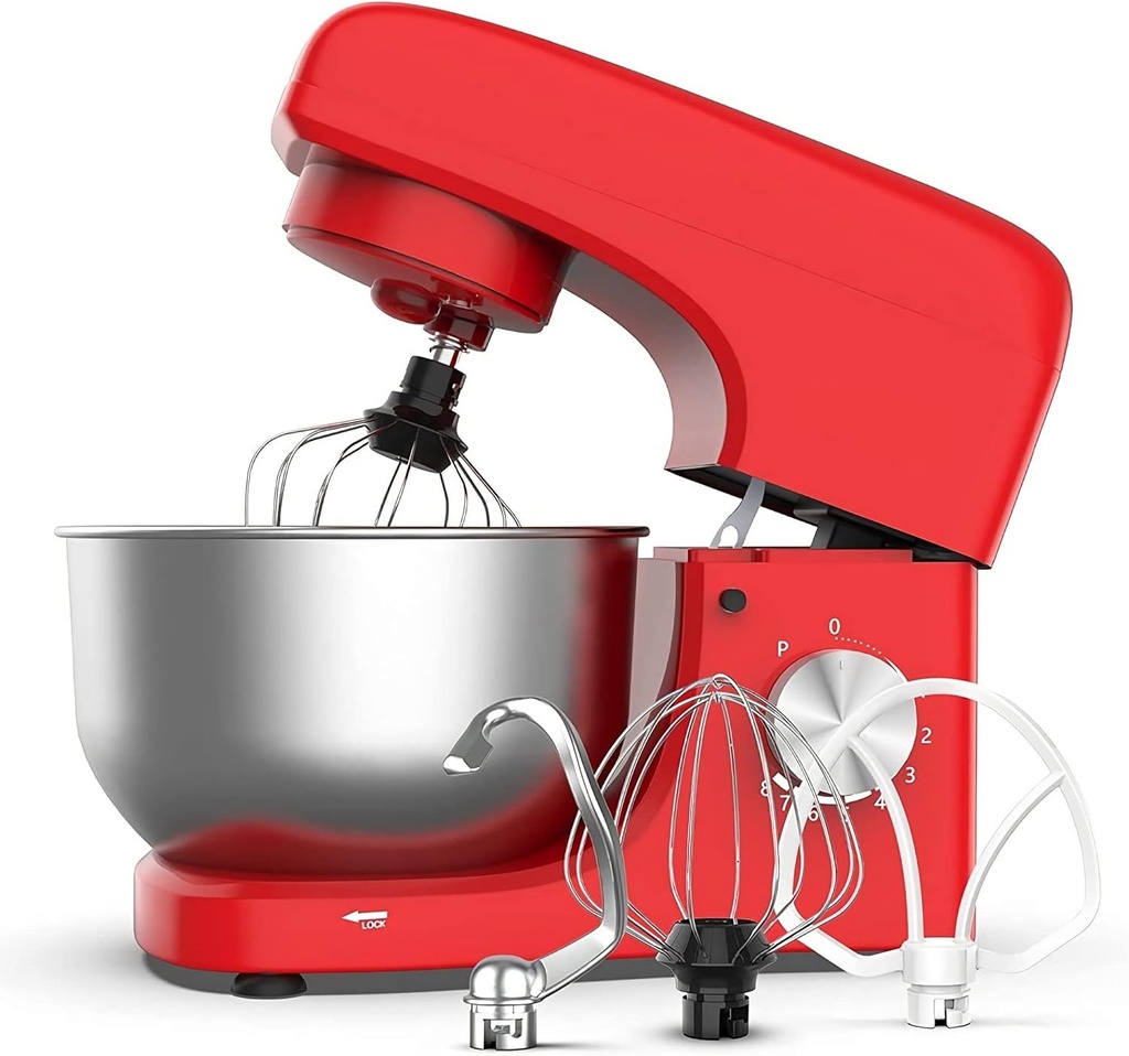 Stand Mixer, 8-Speed Tilt-Head Electric Food Mixer with Dough Hook, Wire Whip & Beater, Pouring Shield, 4.7QT Stainless Steel Bowl ( Red ) - Intexca