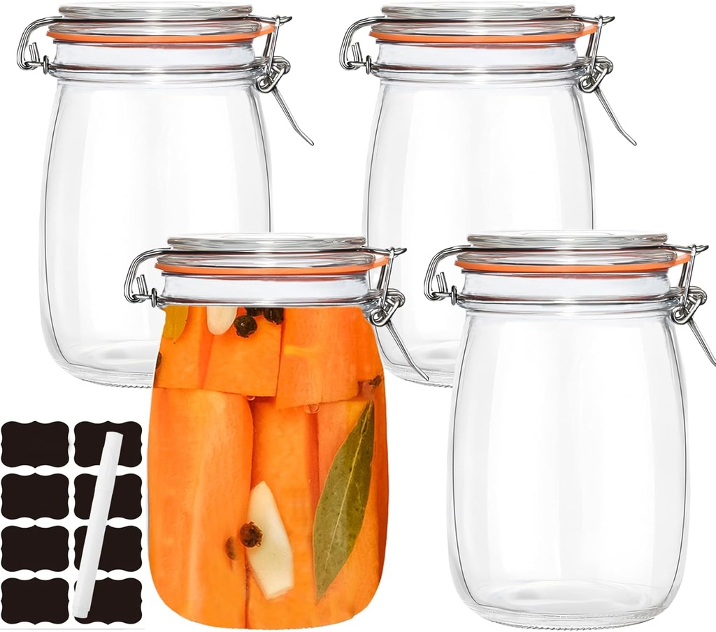 32 oz Pickling Jars with Airtight Lids,4 Pack Airtight Glass Pickle Jars Wide Mouth,Air Tight Glass Storage Containers for Canning,Pickling,Fermenting