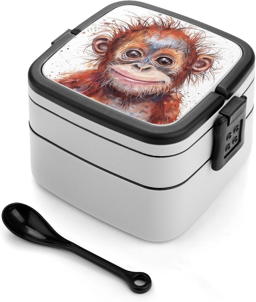 Gorilla with Messy Hair Bento Box - Double Layer, Leakproof Food Containers with Partition & Spoon, Stackable Lunch Box for Office, Travel, Camping