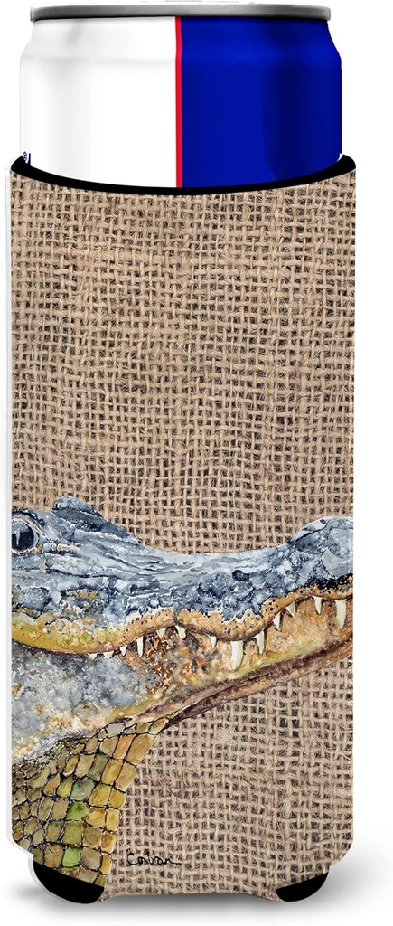 Alligator on Faux Burlap Ultra Beverage Insulators for slim cans