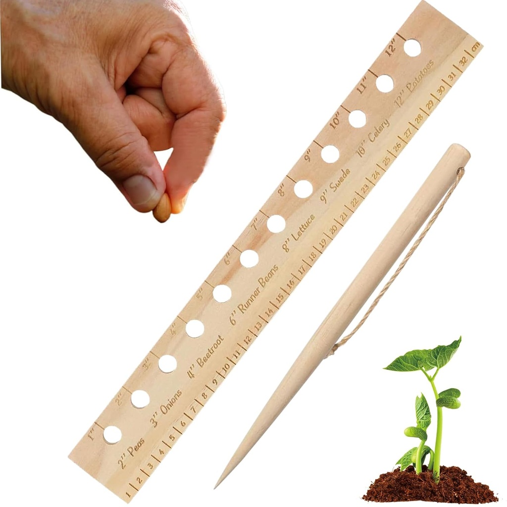 Spacer Tool Seeder Planting Ruler – Seeding Spacing Ruler Template with Plant Dibble, Precise Planting for Vegetable, Garden, Yard, Wooden with Holes