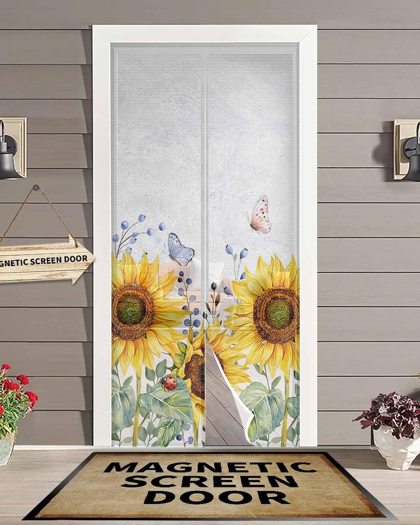 Sunflower Magnetic Screen Door for Sliding/Single/French Doors, Yellow Floral Summer Botanical Self Sealing Magnets Patio Door Screen Heavy Duty Mesh Curtain 38x83