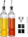 Olive Oil Dispenser Bottle, 2 Pcs Oil Dispenser for Kitchen, 17 oz Glass Olive Oil Bottle and Vinegar Dispenser Set with 2 Stainless Steel Pourers, 4 Labels,1 Brush and 1 Funnel