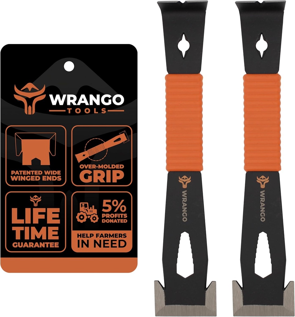 Wrango Tools 9.5" Trim Bar Pry Bar - Patented Small Pry Bar with Bolt Remover & Nail Puller for Home Improvement & Construction - Flat Bar with Shock-Absorbing Grip & Wide Winged Ends, 2pk