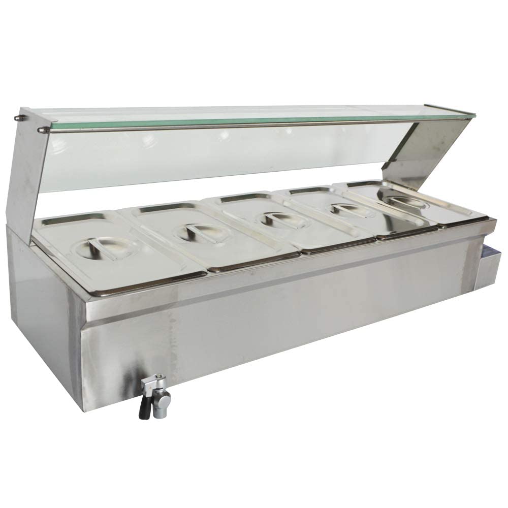 5 Pan Steam Table Commercial Food Soup Warmer Stove Bain-Marie Buffet Food Warmer Stainless Steel with Glass Shield
