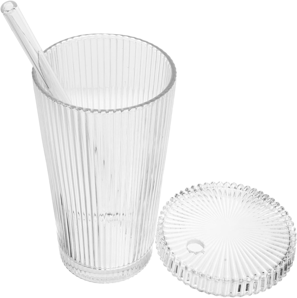 Cabilock High Borosilicate Glass Drink Cup Vertical Stripe Lid Straw Iced Tea Juice Multi-use