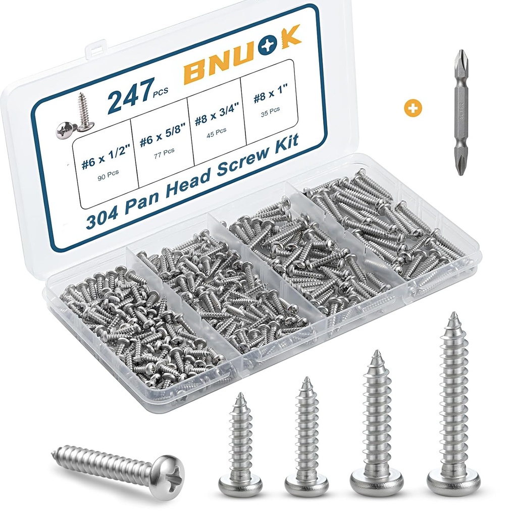 247Pcs Pan Head Wood Screws Assortment Kit, #6#8 Stainless Steel 304 Self Tapping Screws Set, Phillips Drive, Sheet Metal Screws