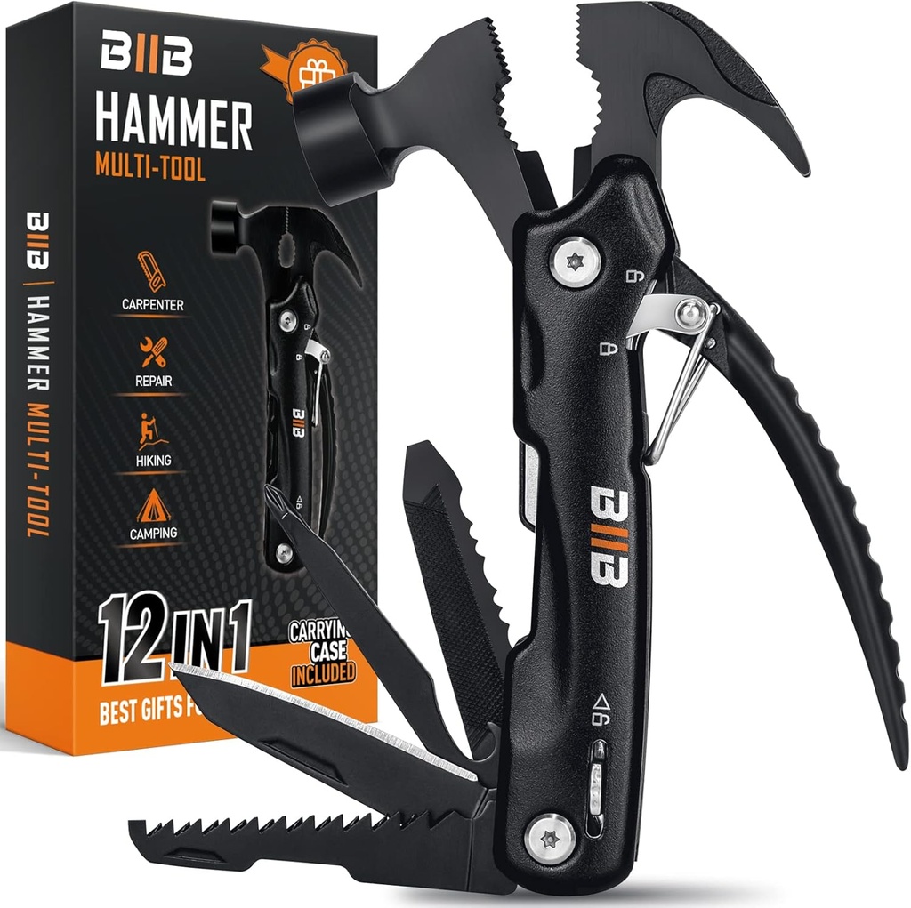 BIIB Stocking Stuffers for Men Adults, 12 in 1 Hammer Multitool Gifts for Men, White Elephant Gifts for Adults, Mens Gifts for Dad Him Husband, Christmas Gift for Mens Dad Him, Camping Essentials Gear