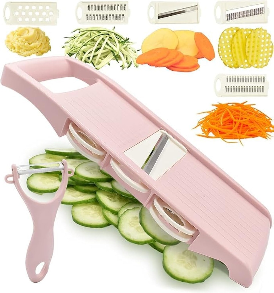 Mandoline Slicer for Kitchen Slicer Vegetable Cutter 5 In 1 Veggie Slicer Potato Slicer waffle fry cutter Hot Swap Mandolin with Peeler for Vegetables Carrot Shredder Cucumber Slicer - Pink