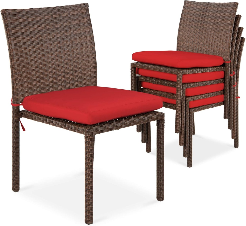 Best Choice Products Set of 4 Stackable Outdoor Patio Wicker Chairs w/Cushions, UV-Resistant Finish, and Steel Frame - Brown/Red