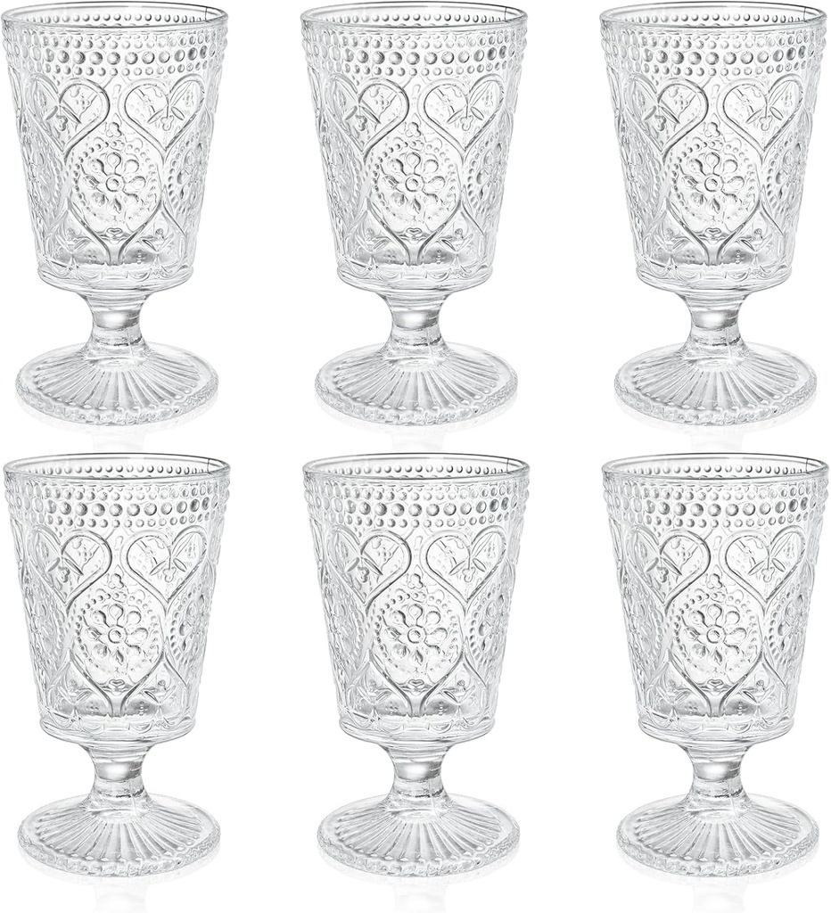 Set of 6 Clear Glass Goblet, 12 Oz Vintage Romantic Wine Glasses, Embossed Floral Glass Cups Set, Bar Tumbler Drinking Glassware for Iced Tea, Wine, Beer, Juice, Cocktail, Whiskey