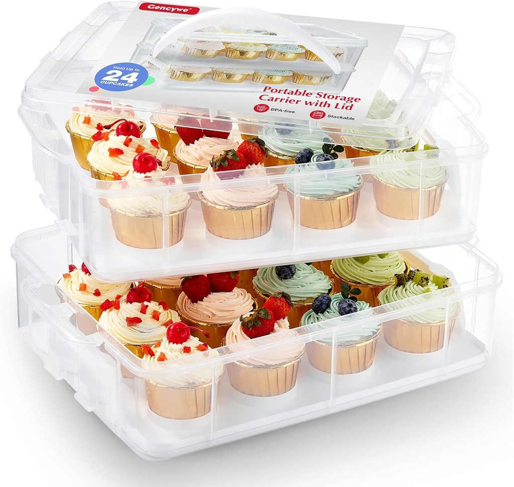 Plastic Cupcake Carrier 24 Count, 2-Layer Cupcake Holder Carries with Lid & Handles, Cookie, Cake, Cupcake and Brownie Storage Carrier, Reusable Cupcake Box