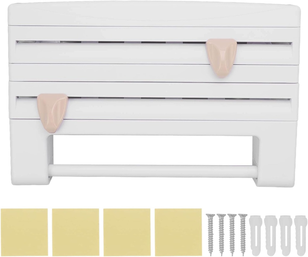 Plastic Cling Wrap Dispenser, Wall Mounted Paper Towel Holder with Cutter and Side Button Multifunctional Storage Cutting Rack for Home Kitchen Use (White)