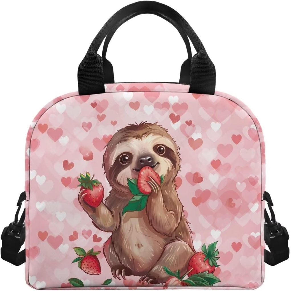 Girl Lunch Bag Pink Strawberry Sloth Pattern Insulated Lunch Bags Tote for Girls Back School Toddler Lunch Boxes Preschool Teen Lunch Boxes Picnic Camping Food Cooler Lunch Case With Strap