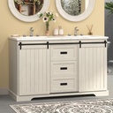 54" Farmhouse Bathroom Vanity with Ceramic Sink, Double Basins + Sliding Barn Doors + 2 Drawers Vanity Combo for Bathroom, (No Assembly Needed) White