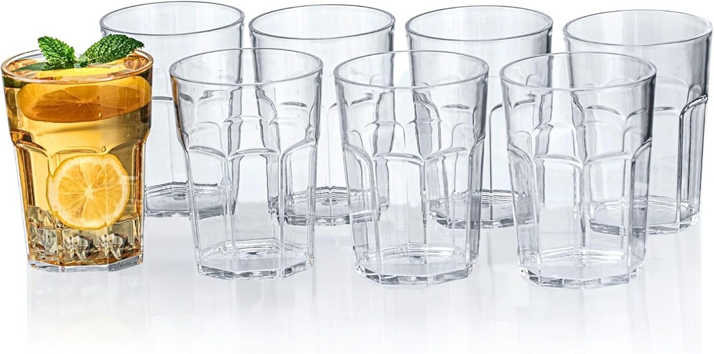 14oz Acrylic Glasses Drinkware, Octagonal Shatter-Proof Plastic Cups, Reusable Plastic Drinking Tumblers, Stackable, BPA-Free, Dishwasher-Safe (8, Clear)