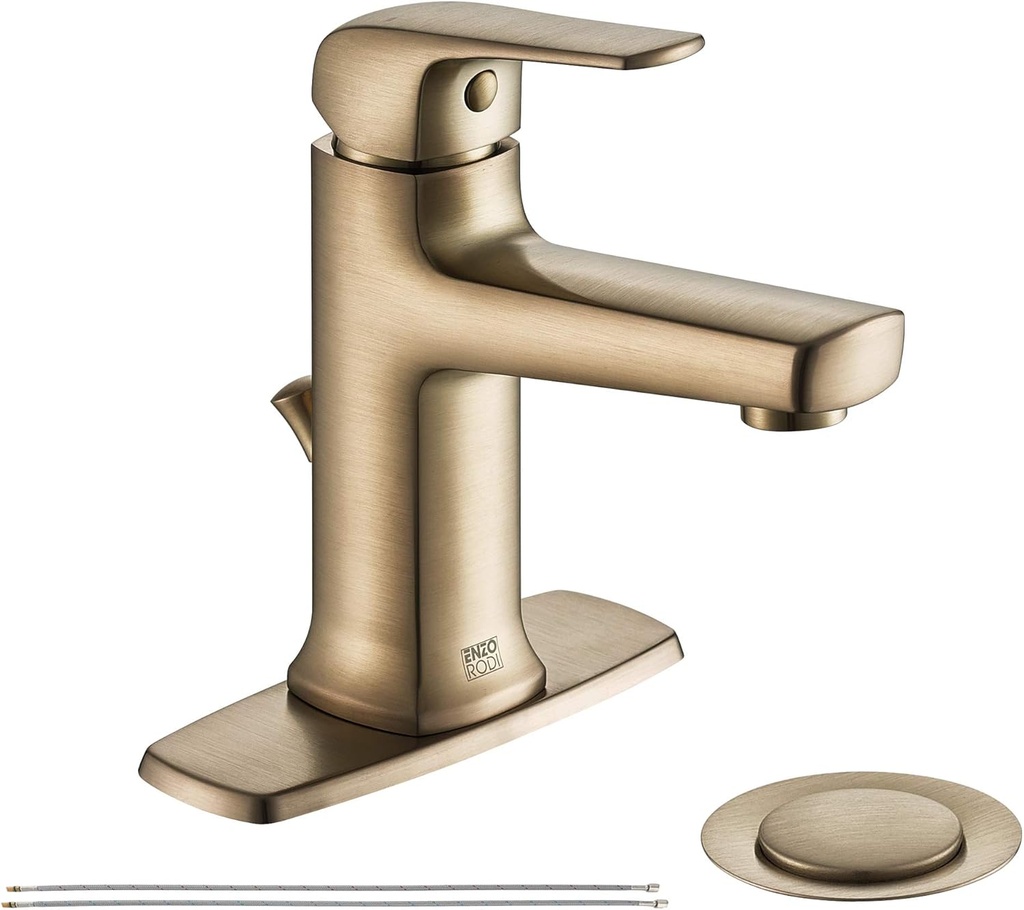 Solid Brass One Hole Single Handle Bathroom Sink Faucets Brushed Gold with Metal Lift Pop Up Drain and 2Pcs 24 inch Water Supply Lines, Deck Plate Included