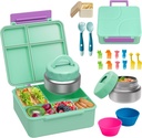 Bento Lunch Box with 9.5 oz Soup Thermo, Kids Leakproof 4 Compartments Bento Box with Silicone Cupcake,Fruit Fork,Spoon and Sauce Cup,Insulated Food Jar for School Travel-Green