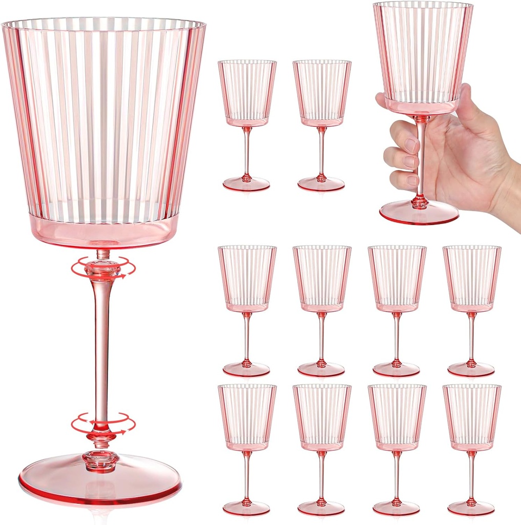 12 PCS Pink Plastic Wine Glasses with Removable Stems 13.5 Oz Pink Ribbed Wine Glasses Square White Wine Glass Muted Pastel Colors Goblets Elegant Fluted Glassware for Wedding Anniversary Birthday