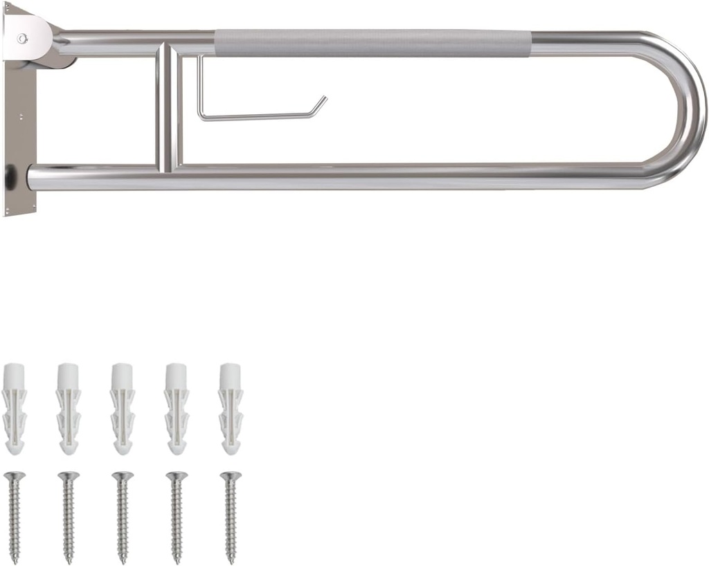 Toilet Grab Bar, Fold Down Grab Bar with Paper Holder, Knurled Anti-Slip Grab Bars for Toilet, Stainless Steel Handrails Toilet for Seniors Disabled Elderly Pregnant, Brushed Nickel, 30 Inch