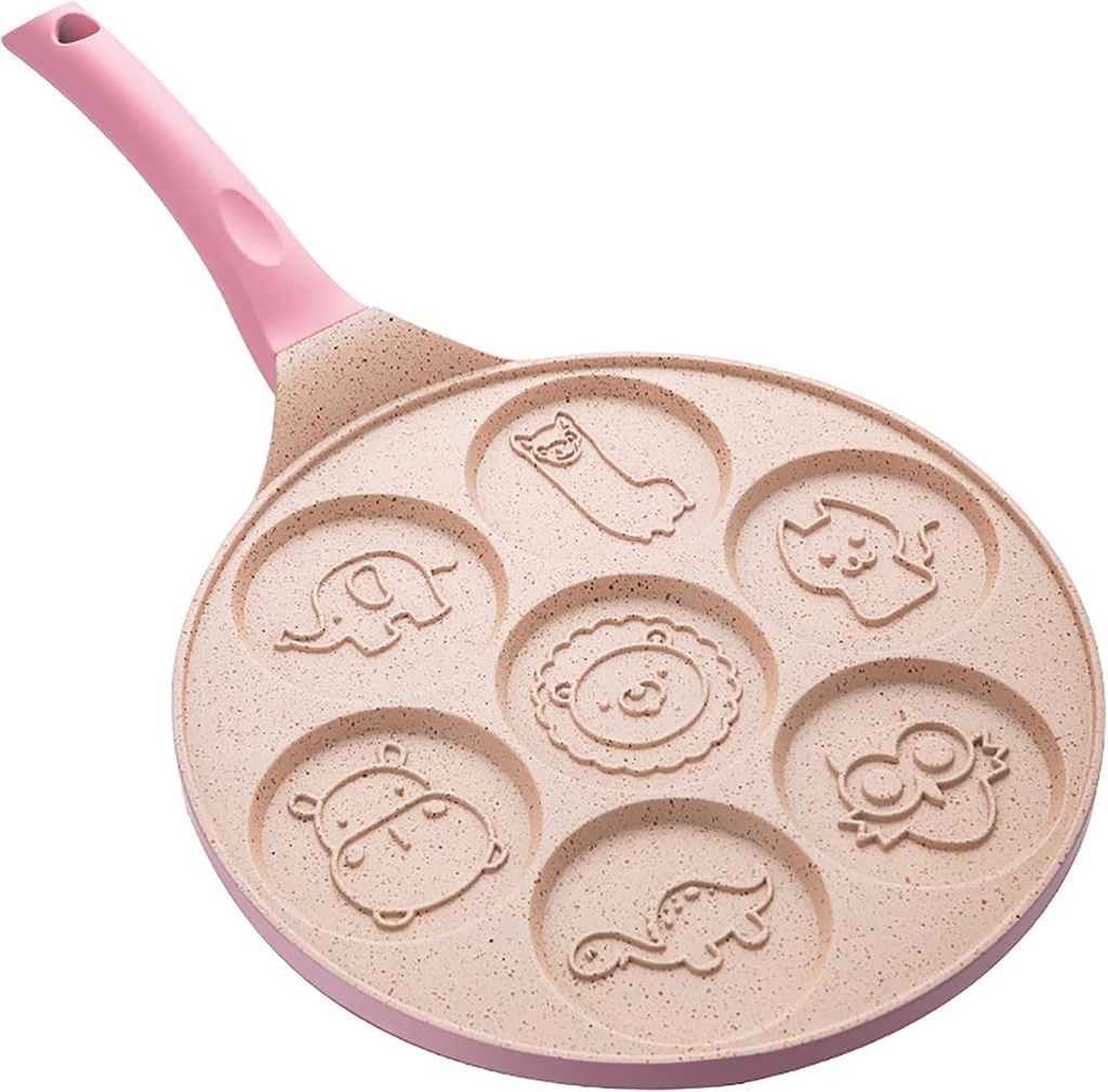 Breakfast Frying Pan,Seven-Hole Cartoon Omelette Pan,Aluminum Alloy Maifan Stone Non-Stick Bakeware,Omelette Mold,Hamburger Bread Machine Kitchen Utensils,Used for Gas Stove,Pink-A