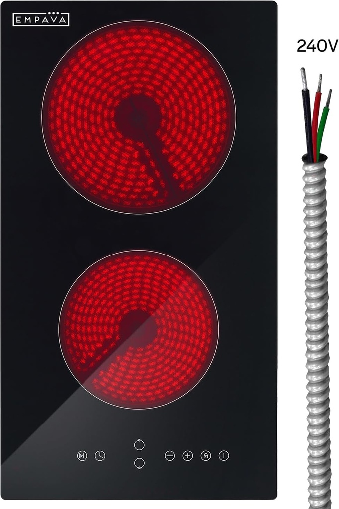 Empava 12 Inch Built-in Electric Cooktop with 2 Burners, Touch Control, Individual Timers, Stop & Go, Child Lock, Flush Mount Design, ETL Certified, 1200W & 1800W Zones, Hard Wired(No Plug)