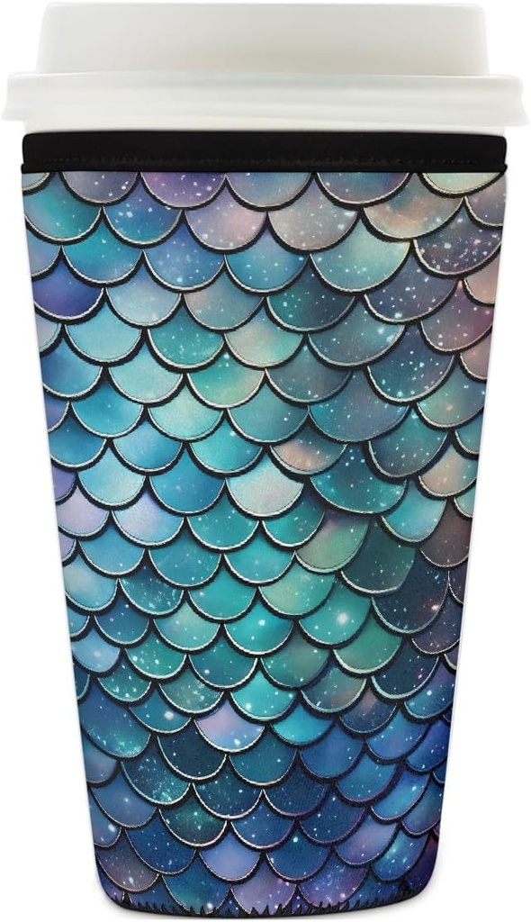 Galaxy Mermaid Scales Reusable Iced Coffee Sleeve Neoprene Insulated Drink Holder, Washable Anti-Slip Cold Cup Sleeve for Tumblers Bottles Glasses 26-28oz