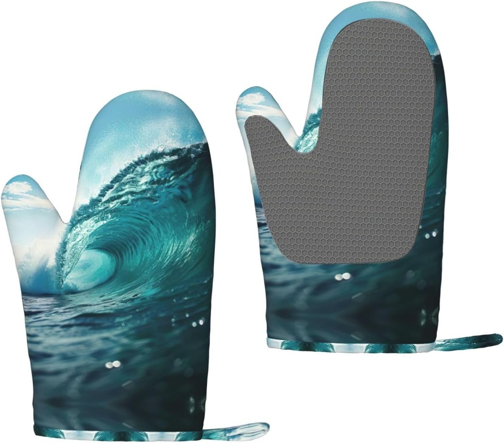 Ocean Green Wave Surf Silicone Insulated Oven Mitts,Oven Glove High Heat Resistant,for Cooking Barbecue,Microwave