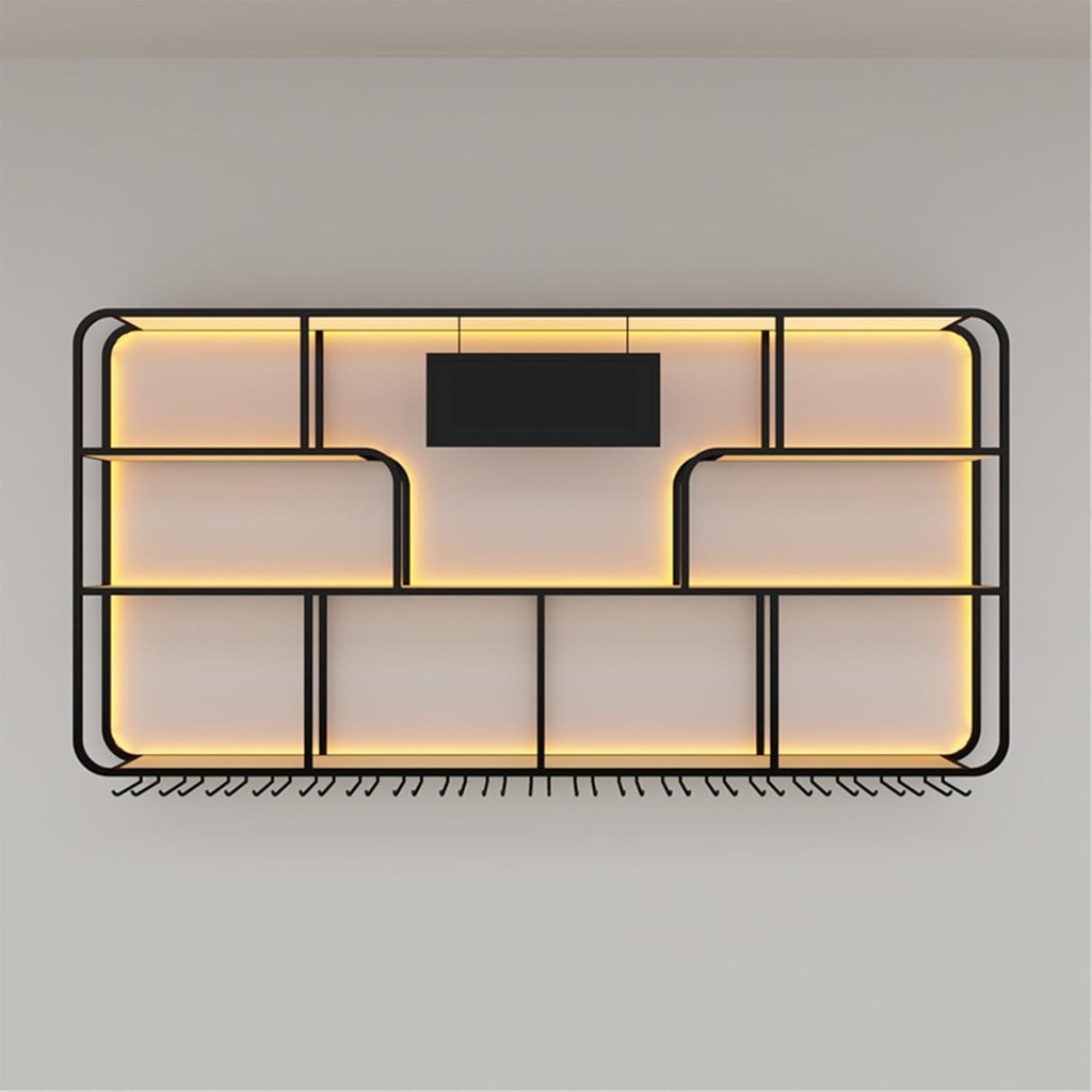 Modern Metal Wine Rack with LED Light - 3-Tier Wall Mounted Liquor Bar Display Shelf, Wine Glass Holder - Iron Storage Organizer for Kitchen, Wine Cellar - Black Color