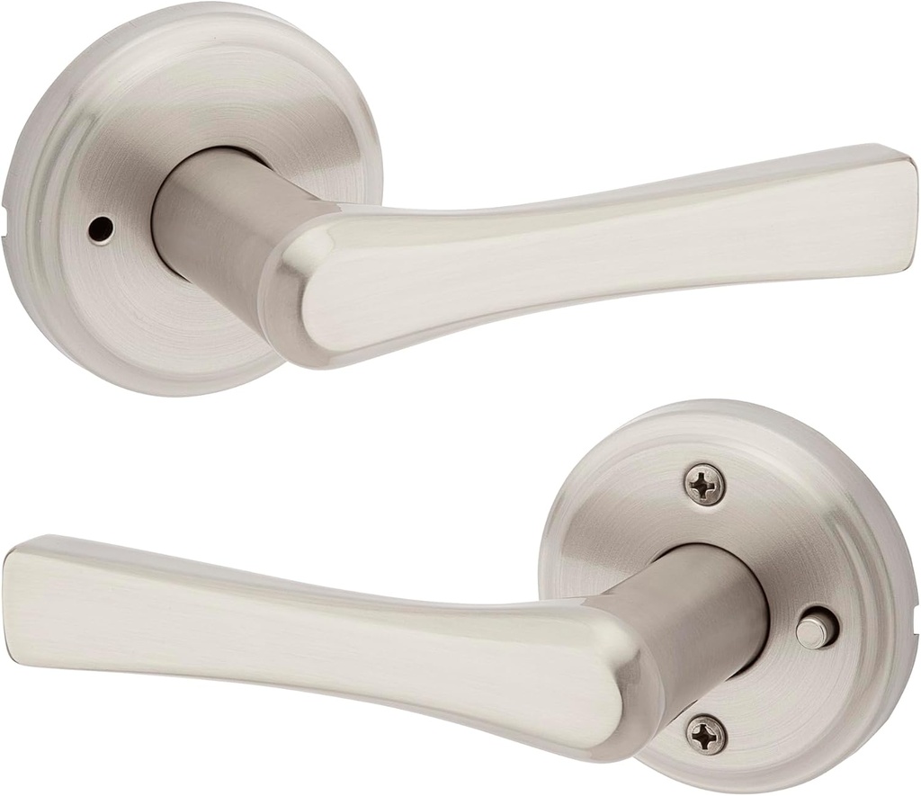 Kwikset Katella Interior Privacy Door Handle with Lock, Door Lever For Bathroom and Bedroom, Satin Nickel Reversible Keyless Push Button Lock Door Lever, with Microban Protection