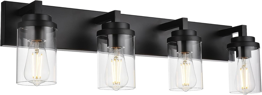 MELUCEE 4-Light Vanity Lights Over Mirror, Farmhouse Bathroom Light Fixtures Black with Clear Glass Shade, Industrial Wall Mount Lamp for Bedroom Kitchen Hallway