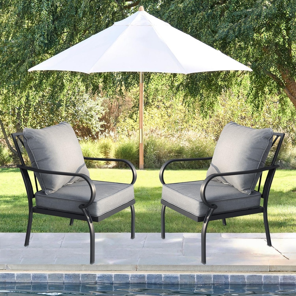 Patio Furniture Sofa, All-Weather Outdoor 2 Seats Patio Chairs, Outdoor Metal Chairs with Deep Seating and Olefin Cushions for Lawn Garden Backyard Balcony，Grey