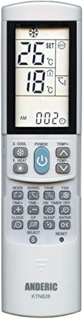 Anderic KTN828 Air Conditioner Remote Control, White – Universal, Compatible with Many Mini-Split, Window, Wall & Portable AC Units – Easy Programming, Backlit LCD, Intelligent Cool & Heat Modes