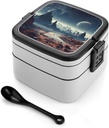 Adult Double-Layer Bento Box Alien Planet Portable Lunch Box with Spoon And Invisible Handle Leakproof Microwave-Safe Food Container for Work Travel Camping