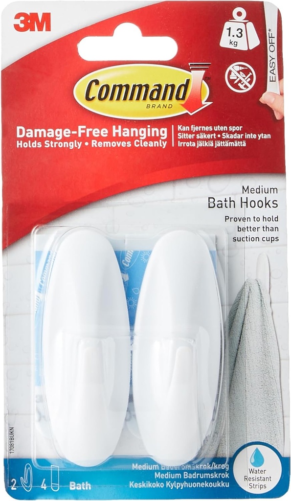 Command Designer Bath Hooks, Medium, White, 2-Hooks with Water-Resistant Strips (17081B-ES), Organize your dorm