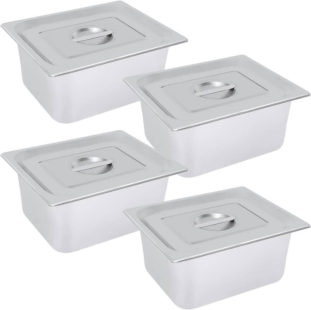 4 Pack 6"Deep Hotel Pan With Lids, Steam Table Pans, Hotel Food Pan Stainless Steels, 1/2 Size, Rounding And Curling, Lid Handle, For Catering Parties, Barbecues, Baking, Cakes, Pies